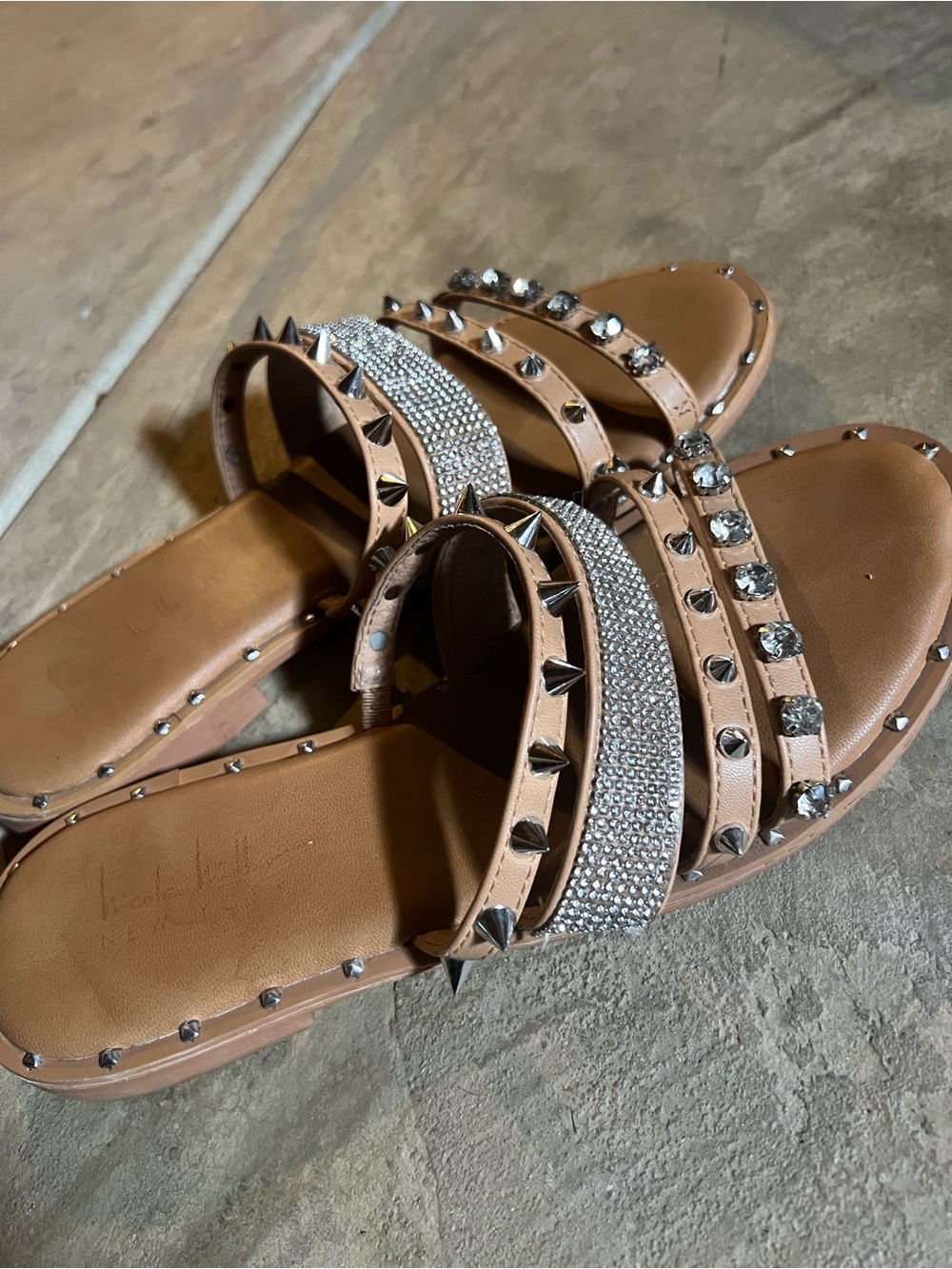 Nicole Miller Tan Studded Rhinestone Triple-Strap Slides